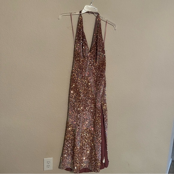 Free People Glitter & Gold Midi Halter Backless Slit Sequin Dress - Picture 3 of 5